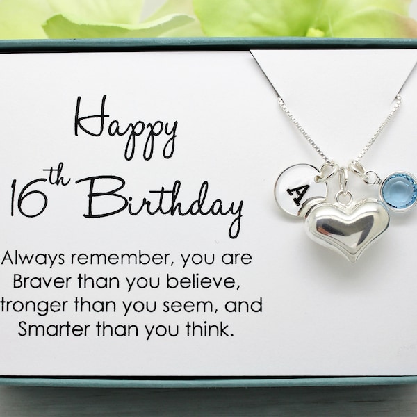 16th Birthday gift for her, Sterling personalized initial, heart and birthstone necklace, Sweet 16 sixteenth birthday gift for teenage girl