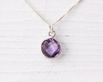 Amethyst necklace, sterling silver with genuine gemstone, February birthstone, February birthday gift, bezel gem, purple necklace, box chain
