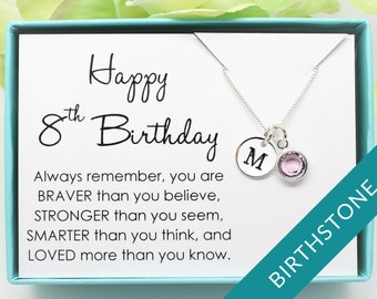 8th Birthday gift for 8 year old girl birthstone necklace, 925 Sterling silver, personalized eighth birthday gift for niece, daughter