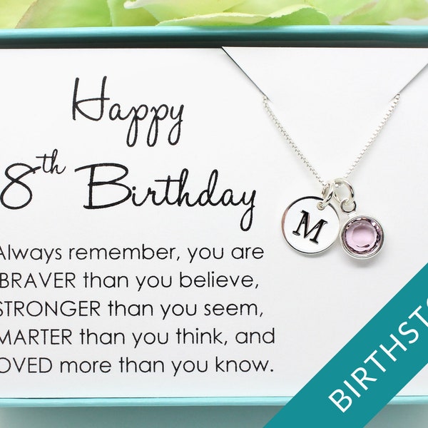 8th Birthday gift for 8 year old girl birthstone necklace, 925 Sterling silver, personalized eighth birthday gift for niece, daughter