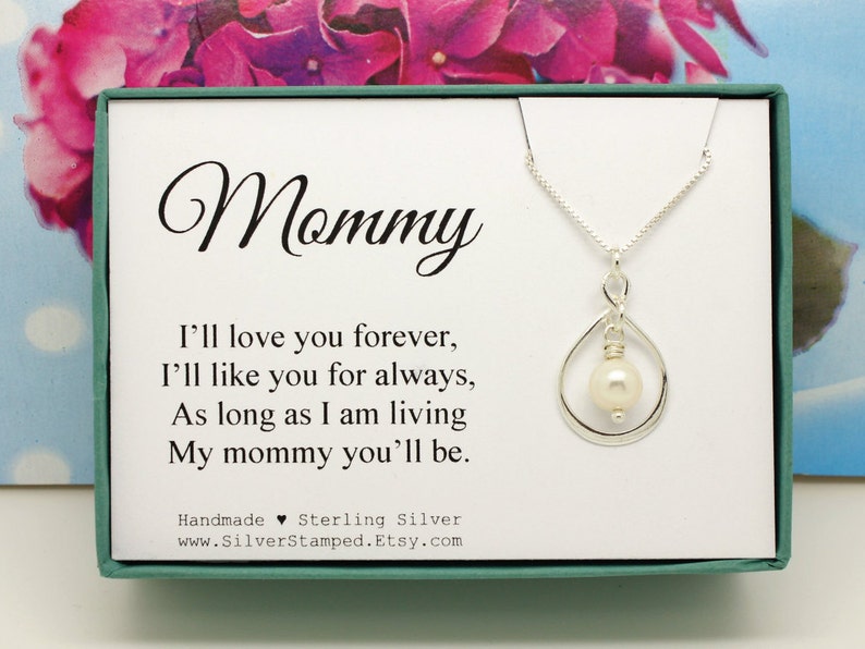 Mommy necklace 925 Sterling Silver infinity necklace freshwater pearl, I'll love you forever, Baby shower gift, gift for mom image 1