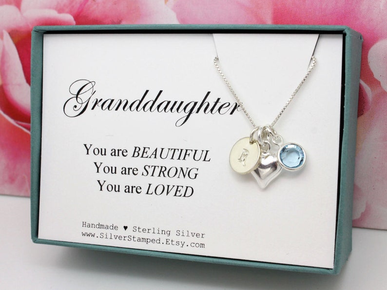 a handmade 925 Sterling Silver Initial Heart Swarovski Birthstone necklace with box is the cutest gift for granddaughter