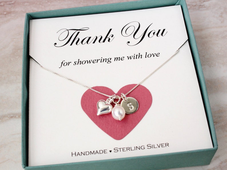 Bridal shower hostess gift for baby shower hostess Thank you gift for friend Sterling Silver inital heart necklace freshwater pearl gift box image 2