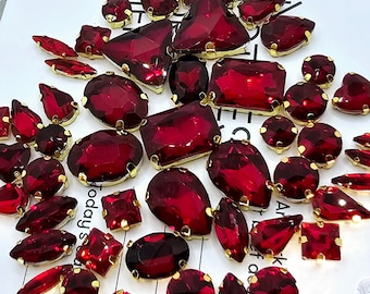 50 cristaux siam rouge foncé à coudre, strass en verre, strass, griffes dorées, belles pierres précieuses