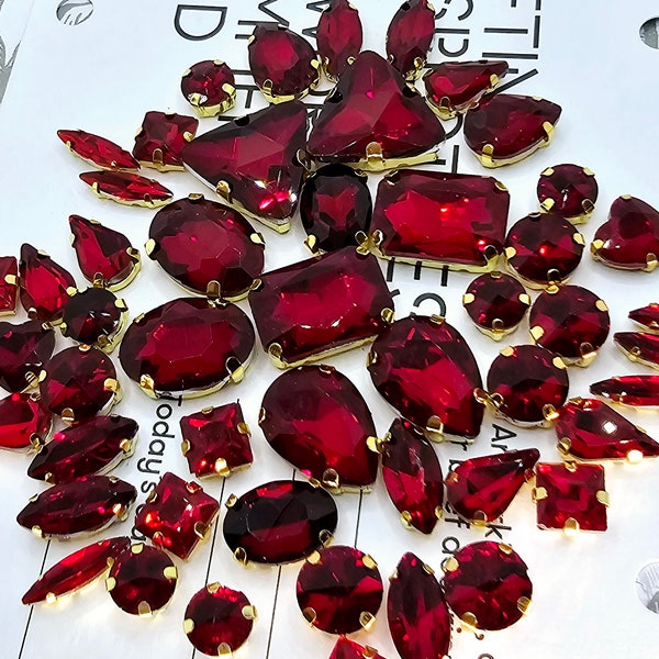 50 cristaux siam rouge foncé à coudre, strass en verre, strass, griffes dorées, belles pierres précieuses