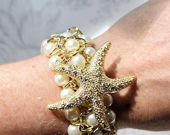 Pulseira Estrela do Mar: Pulseira de Pérolas de Vidro, Boho Creme Branco e Dourado