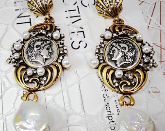 Vintage Style Coin Natural Pearl Drop Earrings, Baroque Roman Cameo Earrings, Gold Tone Statement Earrings, Antique Style Jewelry