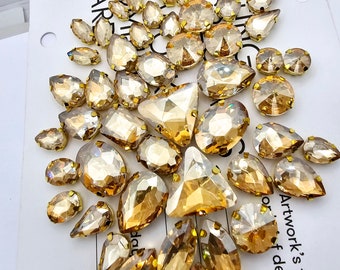 50 Mix Sew On Crystal Glass Diamante Gold Claw Set Rhinestone Gems Champagne Golden Shadow