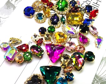 50 Mixed Multicoloured Colours Set Sew On Crystals Glass Diamante Gold Claw Set Rhinestones Mixed Shapes