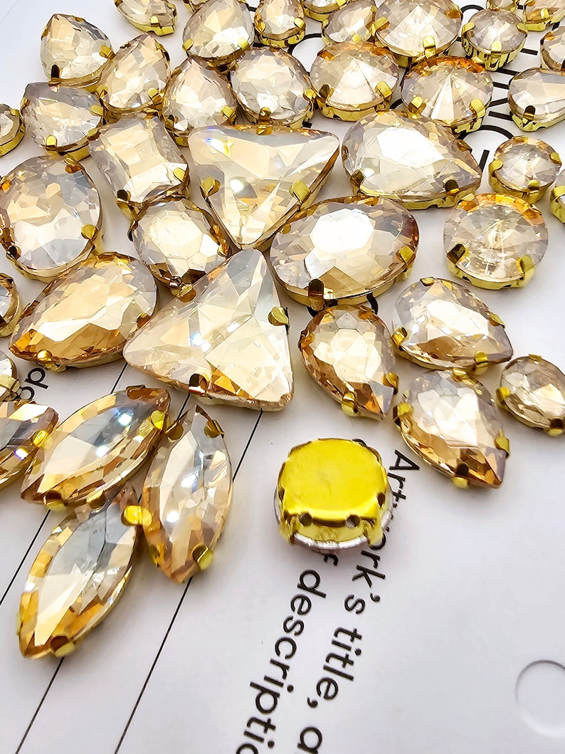 50 Champagne Crystal Rhinestones: Sew on Gold Claw Gems - Etsy
