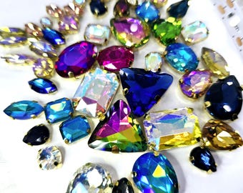 50 AB Colours Mix Sew On Glass Crystals Diamantes Gold Claw Rhinestones