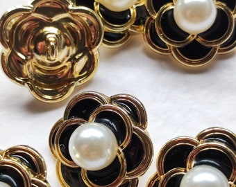 6pcs 18mm Black Camellia Flower Shank buttons Faux Pearl Gold Colour Fashion