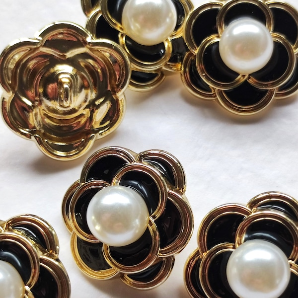 6 boutons à tige de fleur de camélia noir 18 mm, fausses perles, couleur or, mode