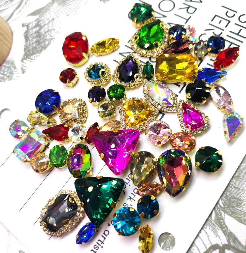 50 Multicolored Sew on Rhinestones: Mixed Shapes, Gold Claw Setting - Etsy