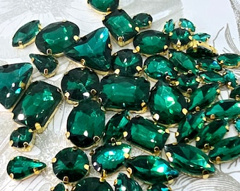 50 pcs Mixed Shape Set  Sew On Crystals Glass Gems in Gold Claw Rhinestones Dark Green Emerald Fancy Stones