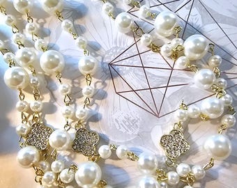 Art Deco Designer Crystal Camellia Flowers and pearls Necklace, Inspired Vintage Style Fashion Jewellery Faux Pearls Antique Gold Tone