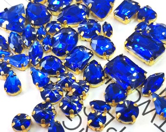 50pcs Royal Blue  Sew On Crystals Glass Diamante Gold Claw Rhinestones Stones
