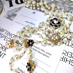 Art Deco Designer Enamel Inspired Vintage Style Fashion Jewellery Camellia Faux Pearl Imitation Necklace Antique Gold Tone 1