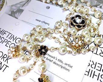 Art Deco Designer Enamel Inspired Vintage Style Fashion Jewellery Camellia Faux Pearl Imitation Necklace Antique Gold Tone 1