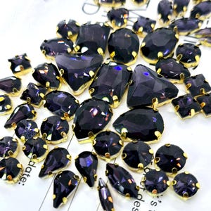 50 Mix Sew On Crystal Glass Gold Claw Set Rhinestone Gems Dark Violet Amethyst
