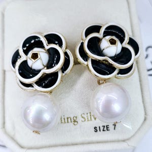 Glass Faux Pearl # 5 tassel Dangle Fashion Designer Earrings Black Camellia Flower Gold tone, Elegant and Chic