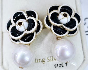 Glass Faux Pearl # 5 tassel Dangle Fashion Designer Earrings Black Camellia Flower Gold tone, Elegant and Chic