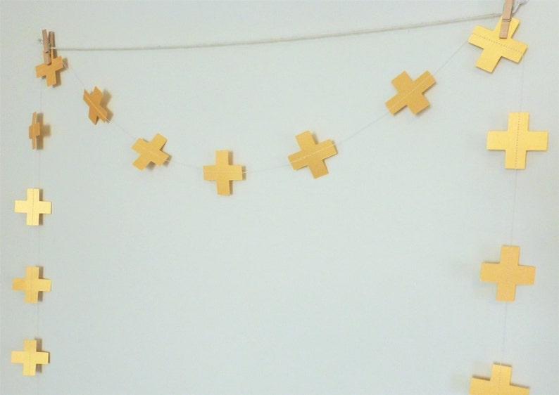 Minimalist Birthday Decor Gold Cross Decor Swiss Cross Gold Shimmer Geometric Garland Gold Paper Garland