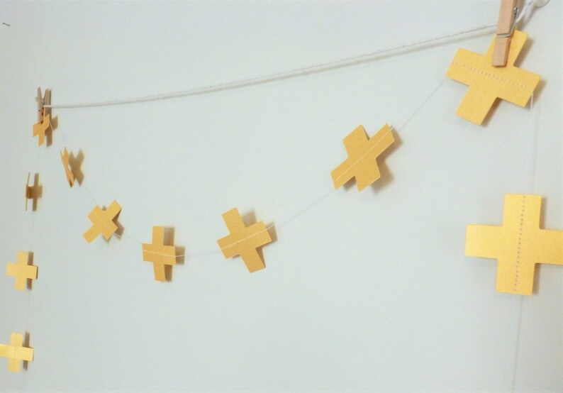 Minimalist Birthday Decor Gold Cross Decor Swiss Cross Gold Shimmer Geometric Garland Gold Paper Garland