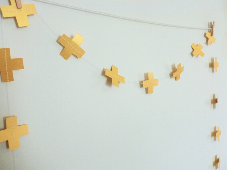 Minimalist Birthday Decor Gold Cross Decor Swiss Cross Gold Shimmer Geometric Garland Gold Paper Garland