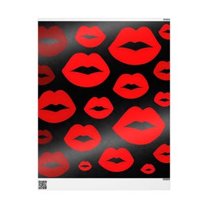 Red Lips Wrapping Paper - Bold Kiss Print on Black, Glossy or Matte Gift Wrap, 3 Sizes Available, Luxe Valentine&#39;s or Party Wrap