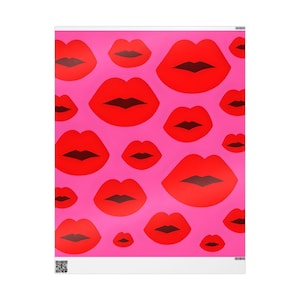 Pink & Red Lips Wrapping Paper - Bold Kiss Print Gift Wrap, Premium Matte or Glossy Finish, 3 Sizes, Valentine&#39;s Day Gift Wrap