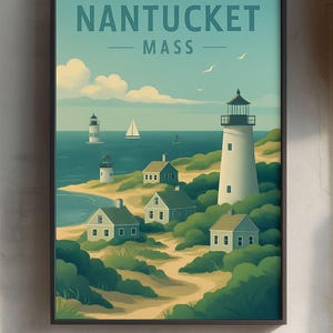Nantucket Art Print - Vintage Coastal Poster of Massachusetts Island, Historic New England Wall Decor, Nautical Landscape Illustration