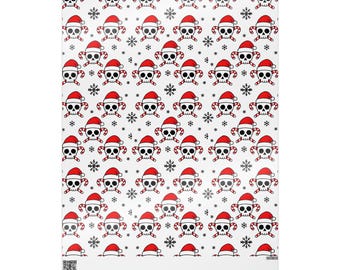 Cartoon skulls in Santa hats, candy canes and black snowflakes, bold repeat pattern, seamless design.