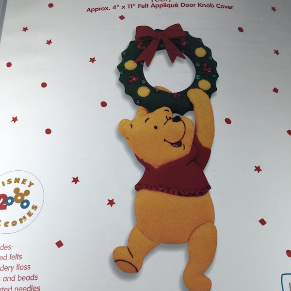 Bucilla No. 84170 Vintage Winnie the Pooh Felt Applique Door Knob Cover, Christmas Wreath, Disney, Stamped Felt, Holiday Decor