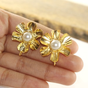 26x31mm Gold Plated Pearl Flower Connector Post Stud | Pearl Ear Post with Open Loop | Gemstone Earpost | Handmade Jewelry Making Supplies