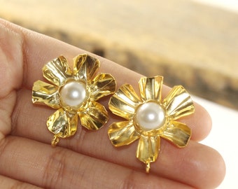 26x31mm Gold Plated Pearl Flower Connector Post Stud | Pearl Ear Post with Open Loop | Gemstone Earpost | Handmade Jewelry Making Supplies