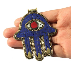 Tibetan Brass Lapis & Coral Mosaic Hamsa Hand Evil Eye Pendant, 82x60mm Bohemian Ethnic Tribal, Nepali Pendant, Hand Of Fatima Pendant