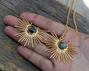 Natural Labradorite Rising Sun Gold Pendant Necklace / Gemstone Necklace / Bohemian Necklace / Stone Of Transformation / Stones You Select