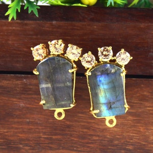 Labradorite & Cubic Zircon Earrings Post 28mm Gold Plated Handmade Prong Set CZ Ear Post Designer Earring Connectors DIY Jewelry Supplies