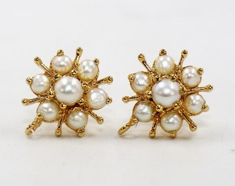 22kt Gold Plated Prong Set Freshwater Pearls Gemstone Connector Post Stud / Designer Pearls Flower Ear Post / DIY Jewelry Making Supplies