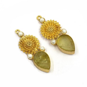 Raw Lemon Quartz & Shell Pearl Earring Pendant | 38x15mm 22kt Gold Plated Sunflower Earring Connector | Jewelry Finding | DIY Jewelry Supply