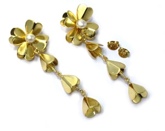 Freshwater Pearl Flower Earrings | 80mm 22k Gold Plated Handmade Earrings | Wedding Bridesmaid Floral Earrings | Dangle Earrings | Gift Idea