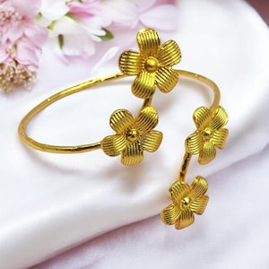 Real Gold Plated Handmade Flower Cuff Bracelet Designer Floral Cuff Bangle Wedding Bracelet  Adjustable Statement Bracelet Gift Idea