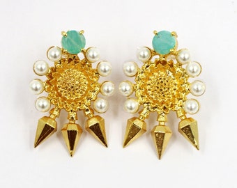 Amazonite & Shell Pearl Flower Earrings | 33mm Gold Plated Designer Prong Set Gemstone Earrings | Party Wear Earrings | Bridesmaid Earrings