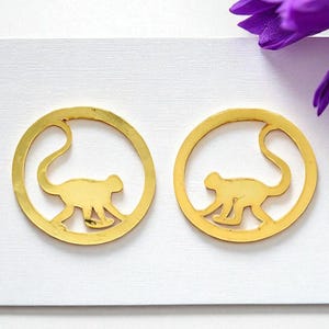 Gold Monkey Hoop Earrings | Playful Animal Jewelry | Handmade Brass Circle Studs | Boho Chic Earrings | 31mm Statement Pair | Gift for her