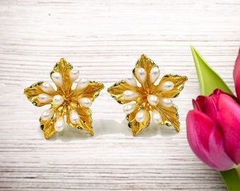 32 mm シェル パール フラワー イヤリング ポスト & スタッド