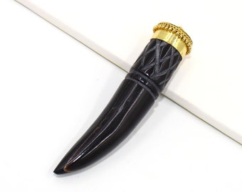 Black Bone Tooth Horn Pendant With Gold Toned Brass Cap / Single Loop Pendant / Tibetan Bohemian Pendant / Designer Horn Pendant