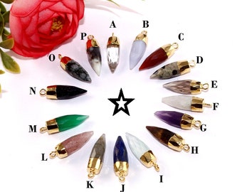 May include: A collection of 16 gold-plated gemstone pendants, each featuring a different type of gemstone, including amethyst, agate, carnelian, and clear quartz. The pendants are arranged in a circle on a white background.