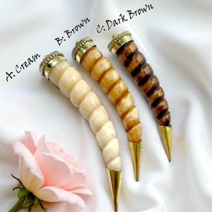 Carved Bone Spiral Tooth Pendant | 97mm Large Bohemian Buffalo Bone with Dotted Brass Cap | Handmade DIY Jewelry Supply | 3 Color Options