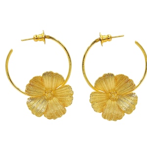 22kt Gold Plated Flower Hoop Earrings / 50x39mm Handcrafted Designer Flower Earring / Bridal Wedding /Bridesmade Gift / Gift For Her /SKU354